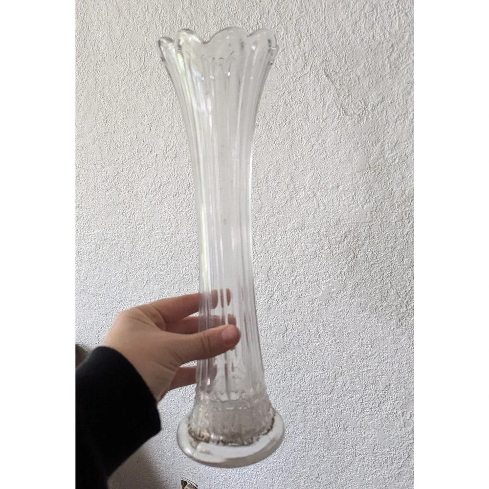 Vintage Clear Glass Fluted Bud Vase Scalloped Rim Ribbed Trumpet 12.5 Inch